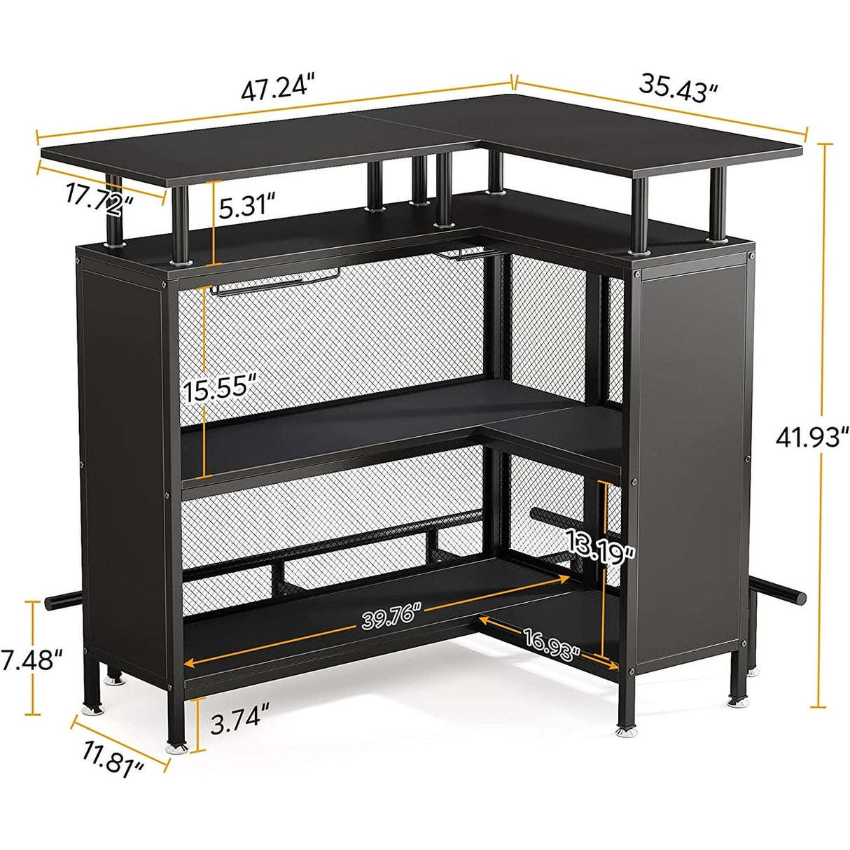 L-shape Home Bar Unit, Liquor Bar Table with 2-Tier Storage - N/A