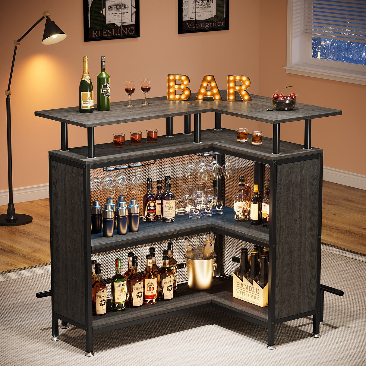 L-shape Home Bar Unit, Liquor Bar Table with 2-Tier Storage - N/A