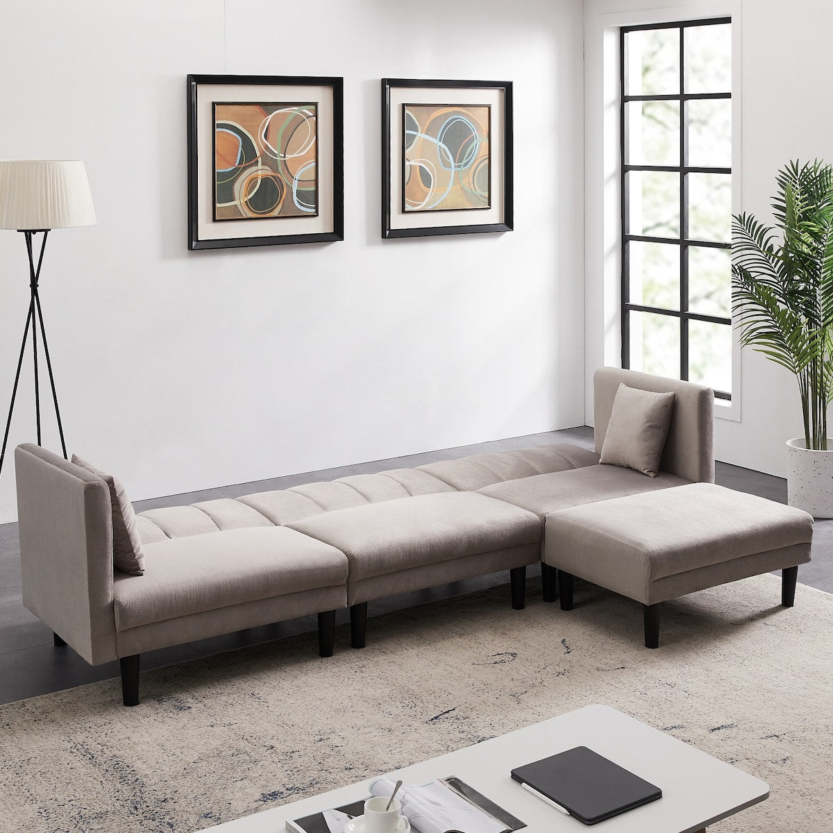 L-shape Reversible Sectional Sofa Sleeper Velvet Upholstered Modern Convertible Sofa & Chaise with 2 Pillows