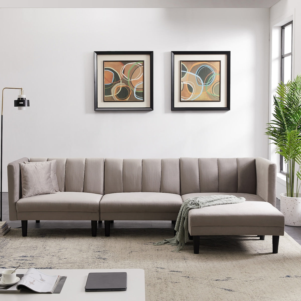 L-shape Reversible Sectional Sofa Sleeper Velvet Upholstered Modern Convertible Sofa & Chaise with 2 Pillows