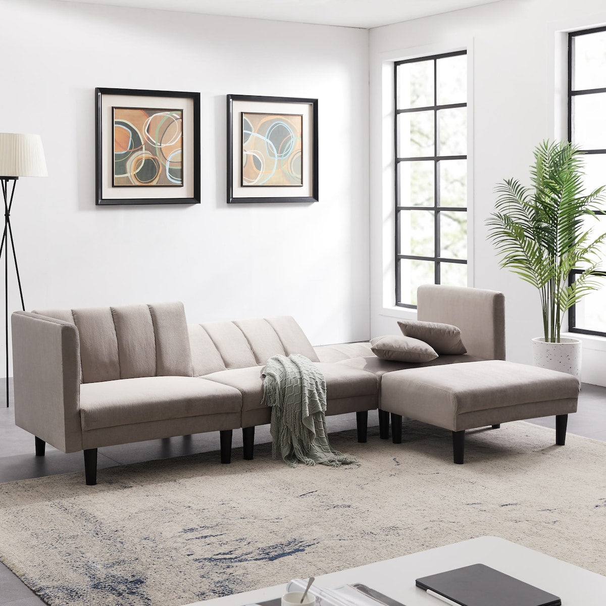 L-shape Reversible Sectional Sofa Sleeper Velvet Upholstered Modern Convertible Sofa & Chaise with 2 Pillows