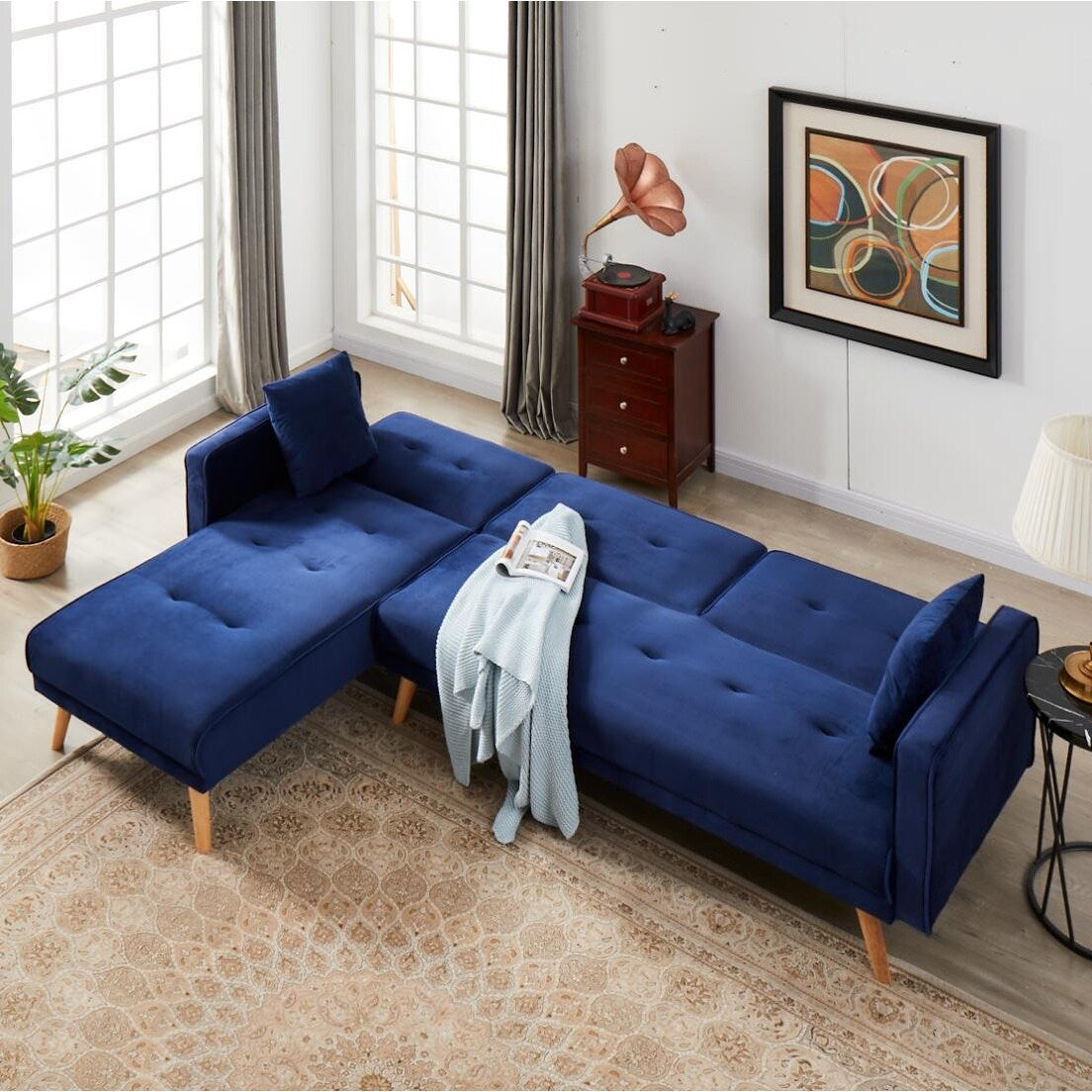 L-shape Variable Bed Sofa Modern Folding Sofa Chaise Velvet Upholstered