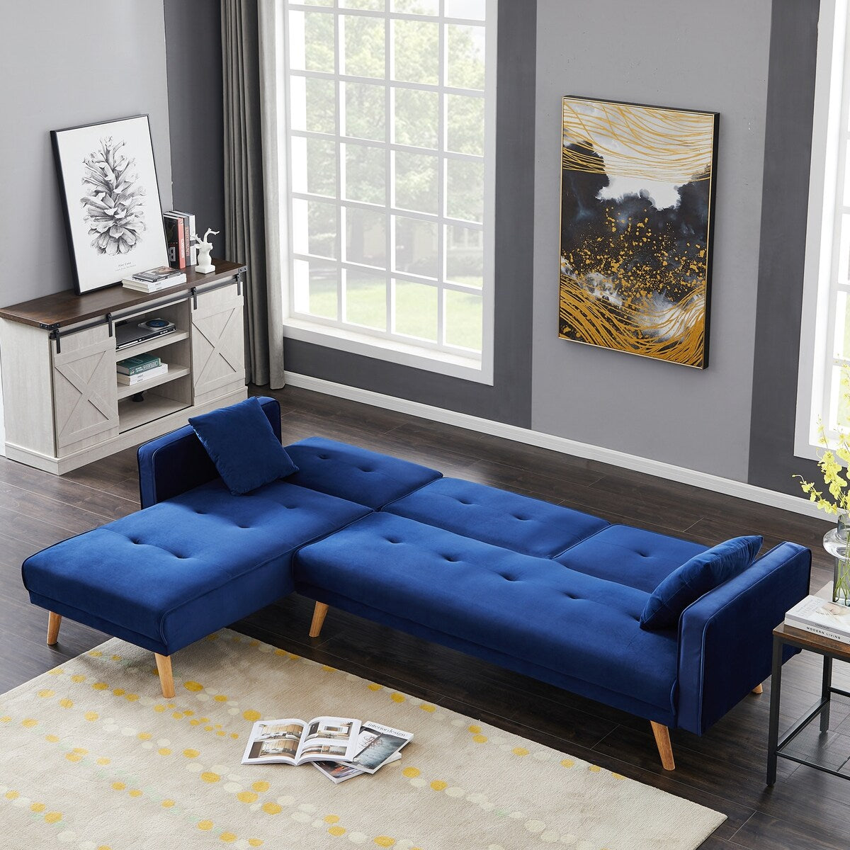 L-shape Variable Bed Sofa Modern Folding Sofa Chaise Velvet Upholstered