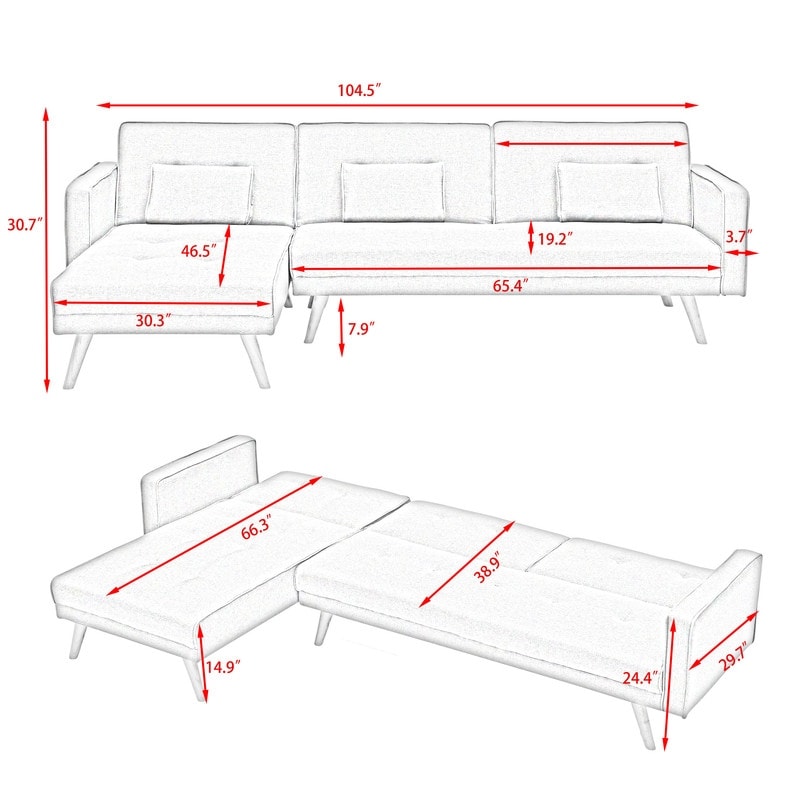 L-shape Variable Bed Sofa Modern Folding Sofa Chaise Velvet Upholstered