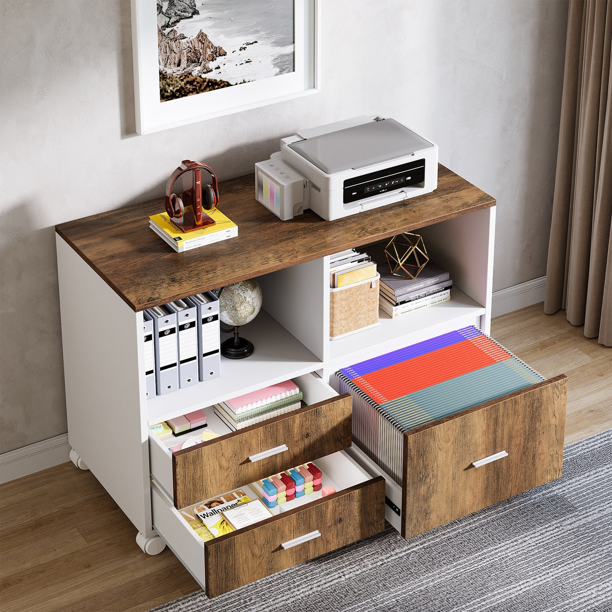 L-shaped Executive Computer Desk and lateral File Cabinet,63-inch Home Office Desk , ,Credenza Desk Set