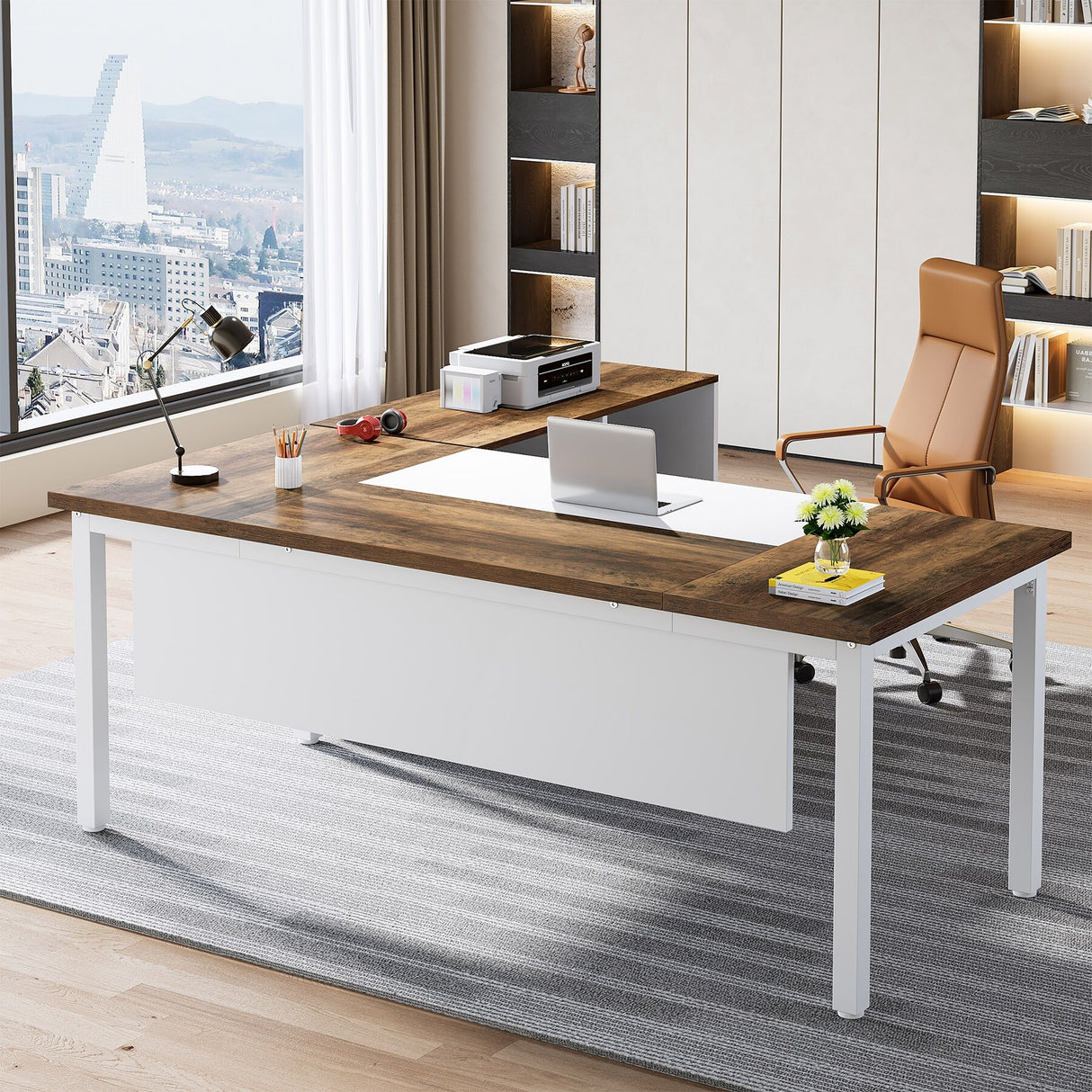 L-shaped Executive Computer Desk and lateral File Cabinet,63-inch Home Office Desk , ,Credenza Desk Set