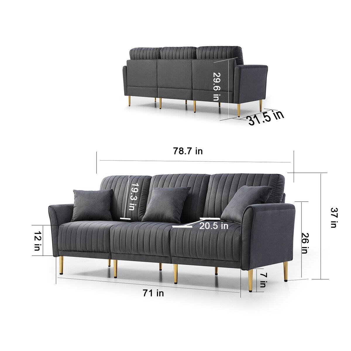 L-shaped Sectional Sofa Sets Velvet Upholstered Couch Reversible 3 Seat Sofa with Movable Ottoman and Gold Legs For Living Room