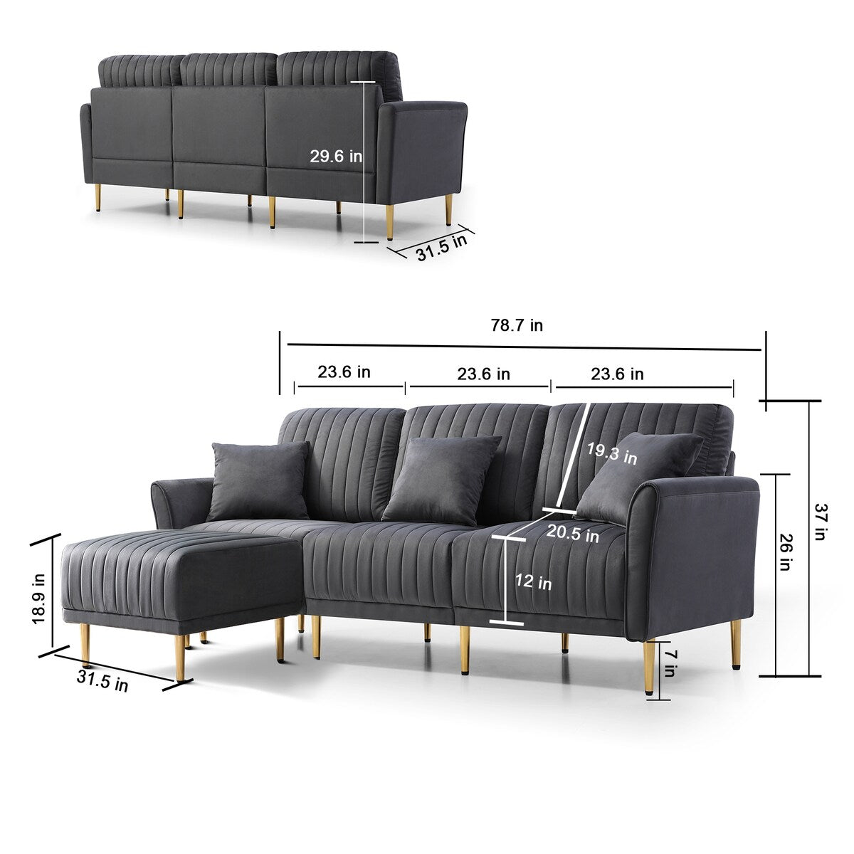 L-shaped Sectional Sofa Sets Velvet Upholstered Couch Reversible 3 Seat Sofa with Movable Ottoman and Gold Legs For Living Room
