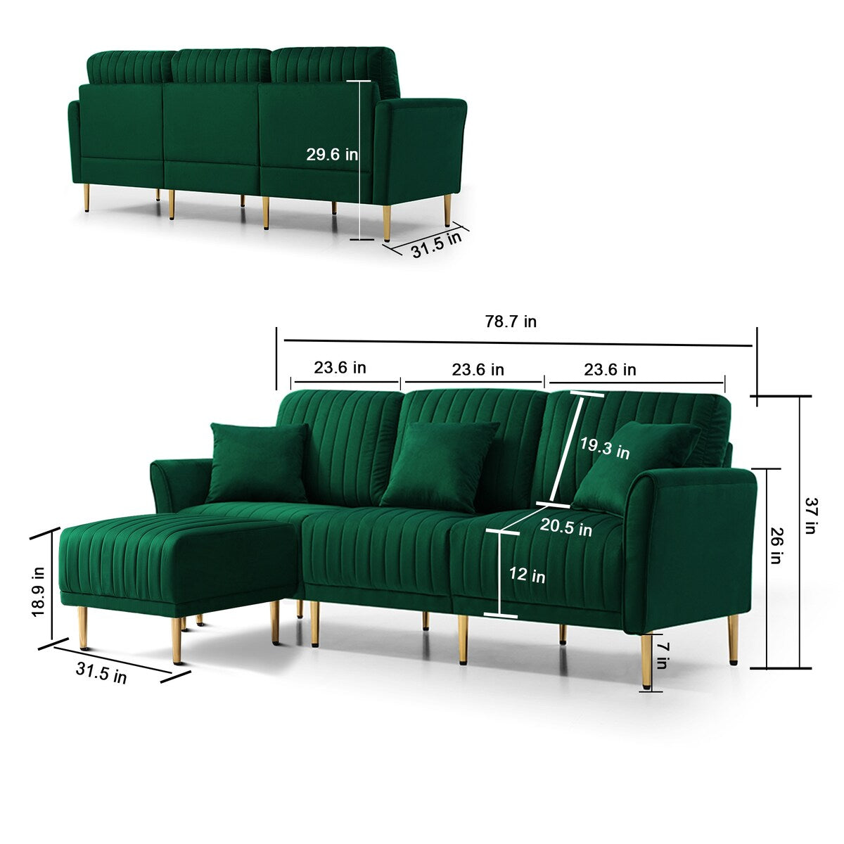 L-shaped Sectional Sofa Sets Velvet Upholstered Couch Reversible 3 Seat Sofa with Movable Ottoman and Gold Legs For Living Room