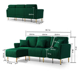 L-shaped Sectional Sofa Sets Velvet Upholstered Couch Reversible 3 Seat Sofa with Movable Ottoman and Gold Legs For Living Room