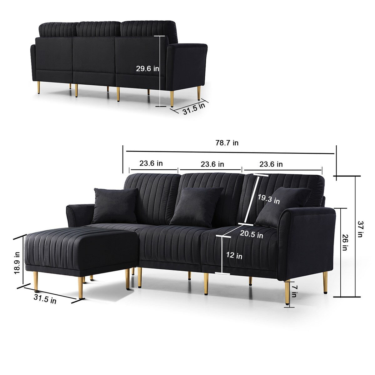 L-shaped Sectional Sofa Sets Velvet Upholstered Couch Reversible 3 Seat Sofa with Movable Ottoman and Gold Legs For Living Room