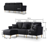 L-shaped Sectional Sofa Sets Velvet Upholstered Couch Reversible 3 Seat Sofa with Movable Ottoman and Gold Legs For Living Room