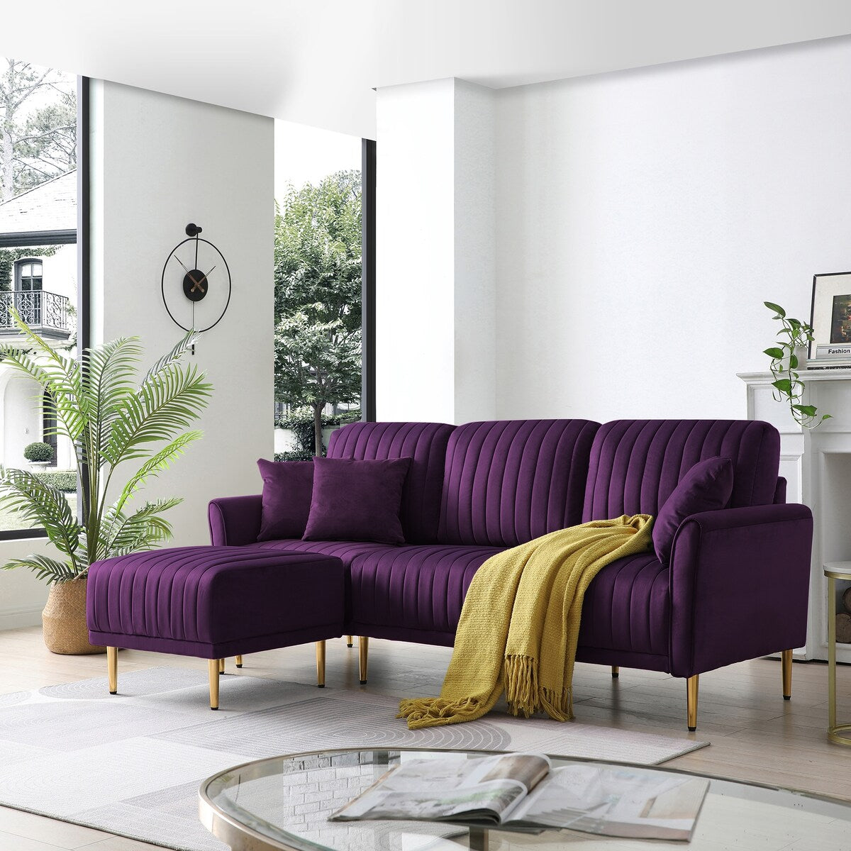 L-shaped Sectional Sofa Sets Velvet Upholstered Couch Reversible 3 Seat Sofa with Movable Ottoman and Gold Legs For Living Room