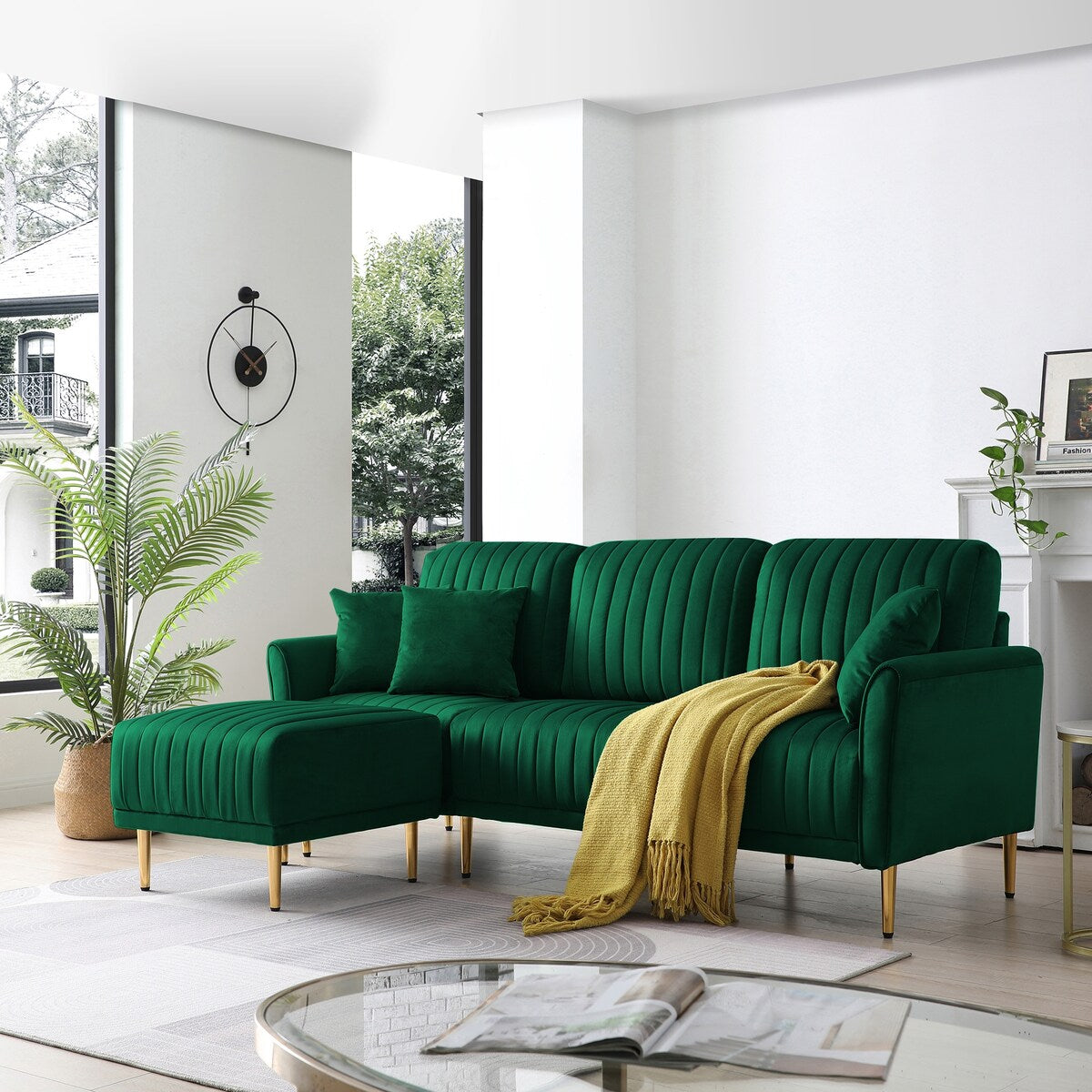 L-shaped Sectional Sofa Sets Velvet Upholstered Couch Reversible 3 Seat Sofa with Movable Ottoman and Gold Legs For Living Room