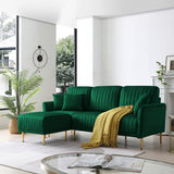L-shaped Sectional Sofa Sets Velvet Upholstered Couch Reversible 3 Seat Sofa with Movable Ottoman and Gold Legs For Living Room