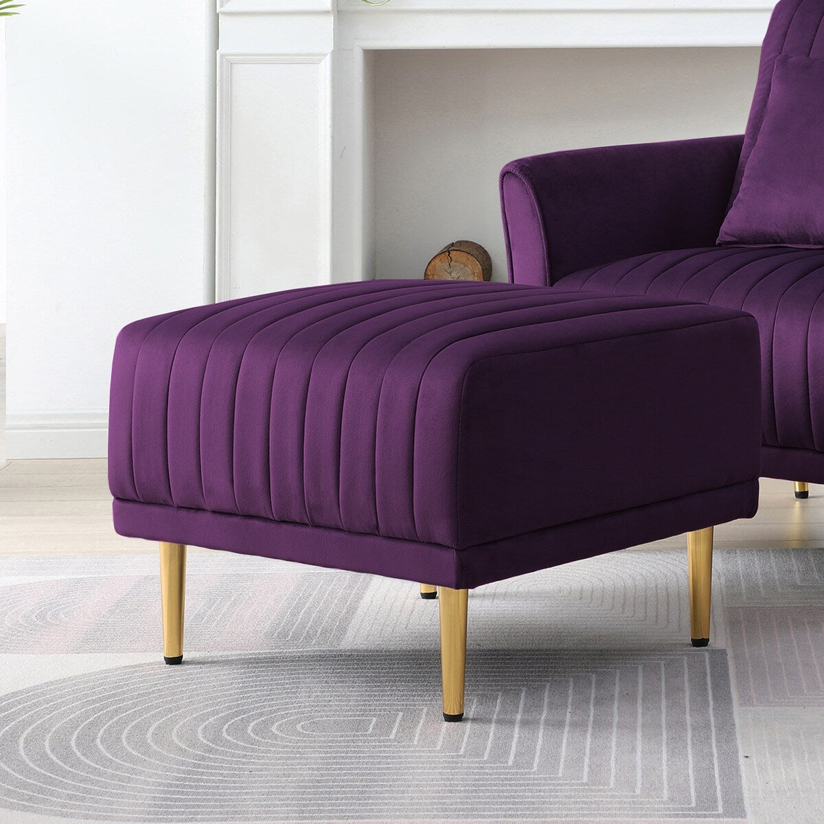 L-shaped Sectional Sofa Sets Velvet Upholstered Couch Reversible 3 Seat Sofa with Movable Ottoman and Gold Legs For Living Room