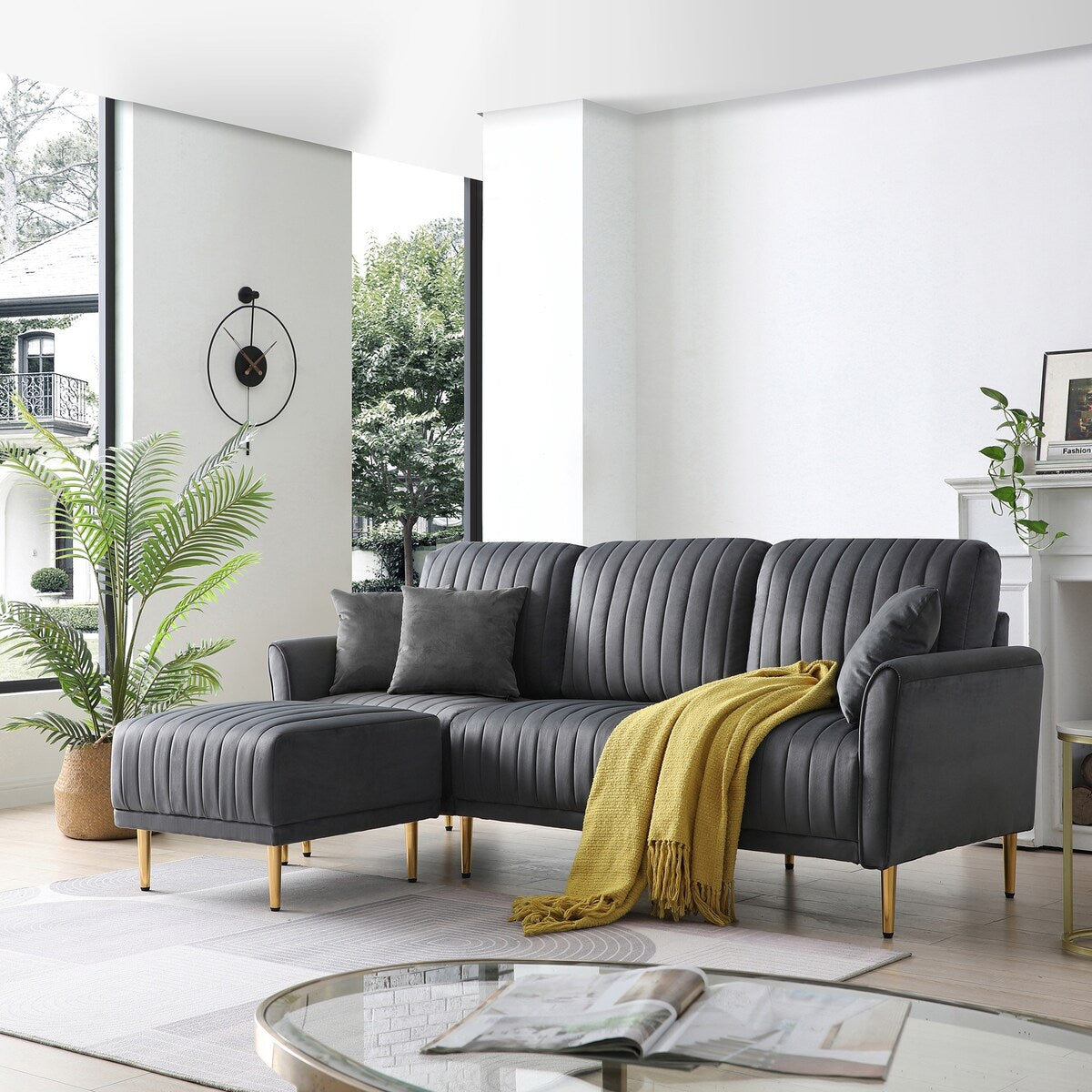 L-shaped Sectional Sofa Sets Velvet Upholstered Couch Reversible 3 Seat Sofa with Movable Ottoman and Gold Legs For Living Room