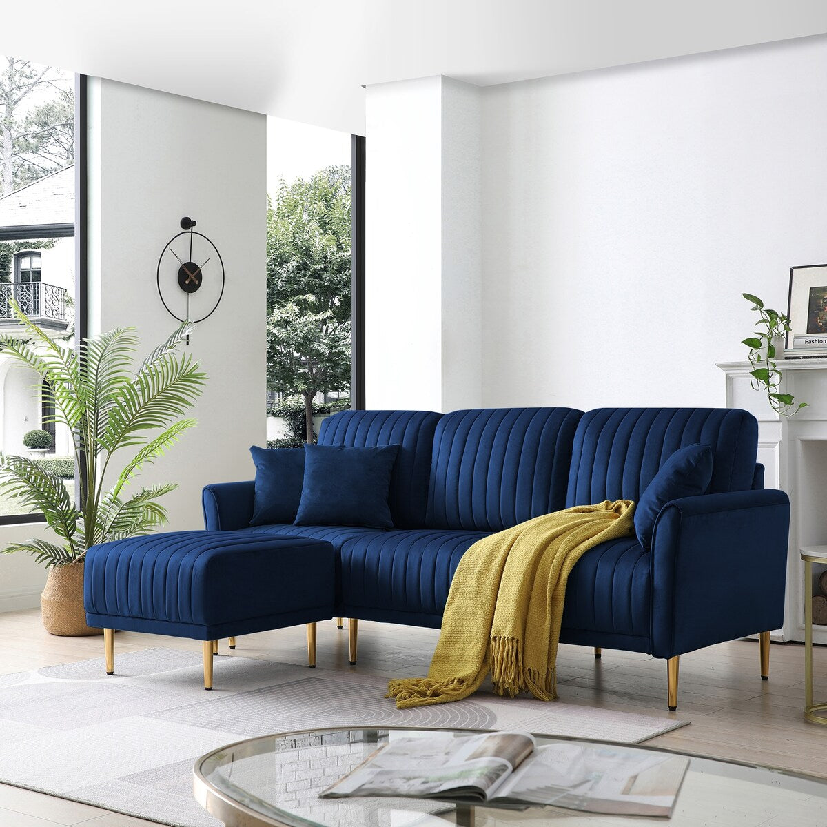 L-shaped Sectional Sofa Sets Velvet Upholstered Couch Reversible 3 Seat Sofa with Movable Ottoman and Gold Legs For Living Room