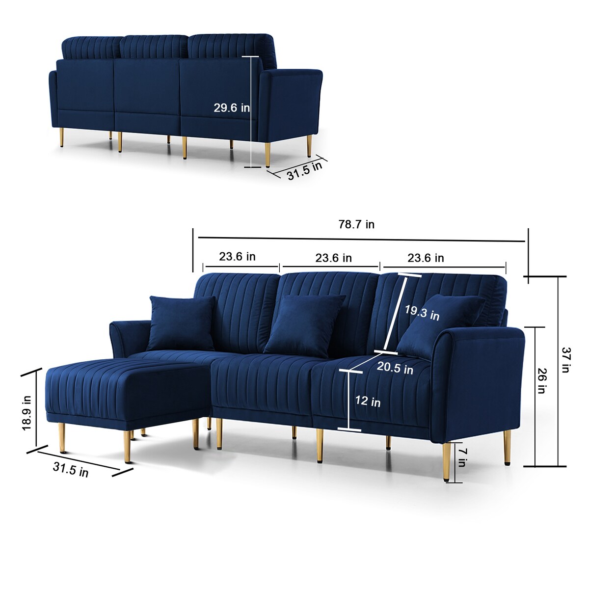 L-shaped Sectional Sofa Sets Velvet Upholstered Couch Reversible 3 Seat Sofa with Movable Ottoman and Gold Legs For Living Room