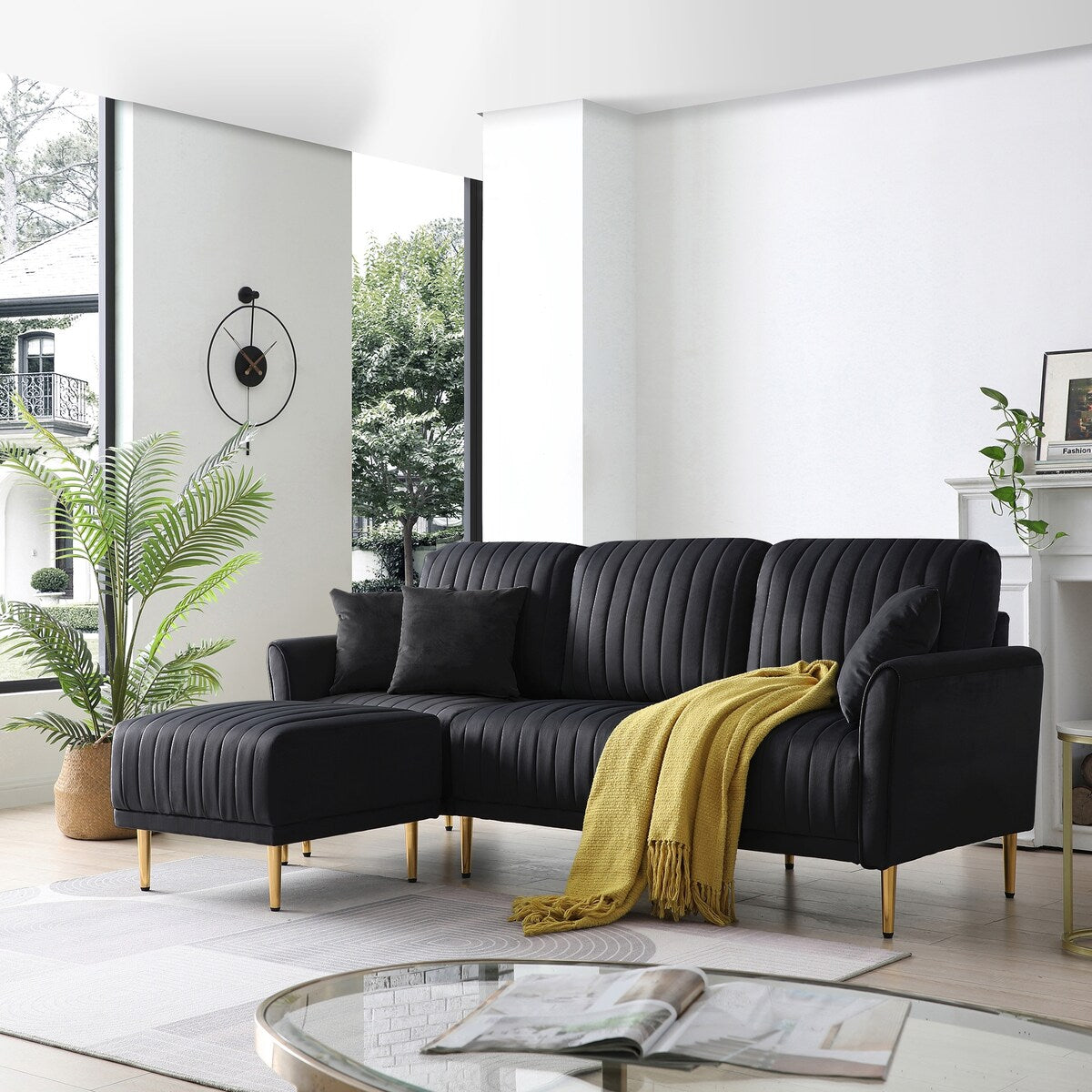 L-shaped Sectional Sofa Sets Velvet Upholstered Couch Reversible 3 Seat Sofa with Movable Ottoman and Gold Legs For Living Room