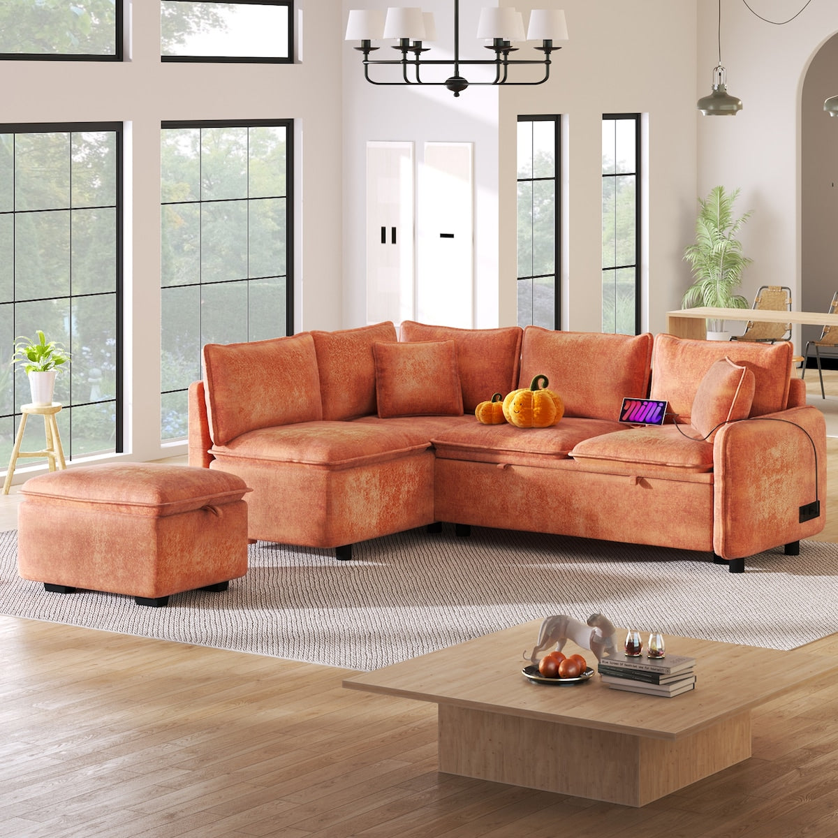 L-shaped Sofa with a Storage Ottoman,Two Pillows and Two USB Ports