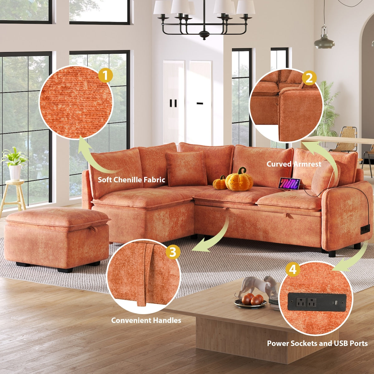 L-shaped Sofa with a Storage Ottoman,Two Pillows and Two USB Ports
