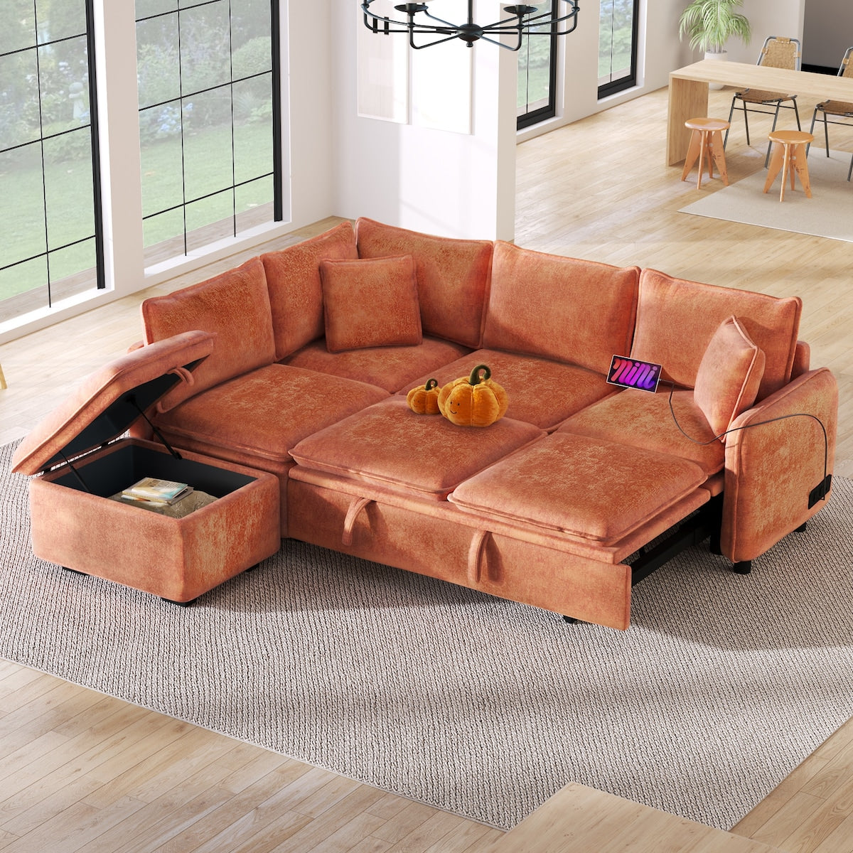L-shaped Sofa with a Storage Ottoman,Two Pillows and Two USB Ports