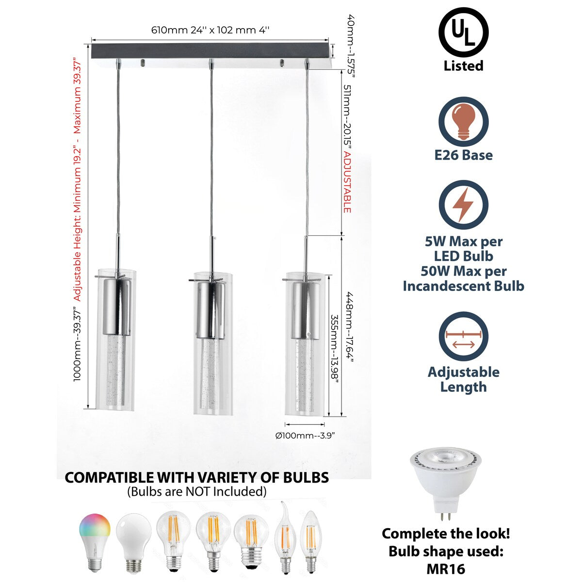 LAZZUR Essonne 3 Light 24 in. Polished Chrome Pendant