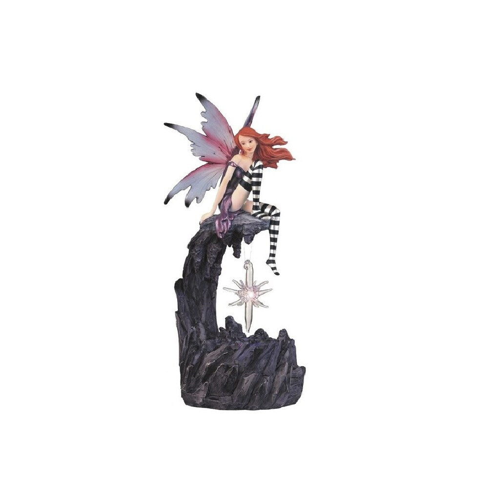 LBK FURNITURE Fairy with Clear Wings Sitting on LED Crystal Stone Statue 10"H Night Light Fantasy Collectible Figurine