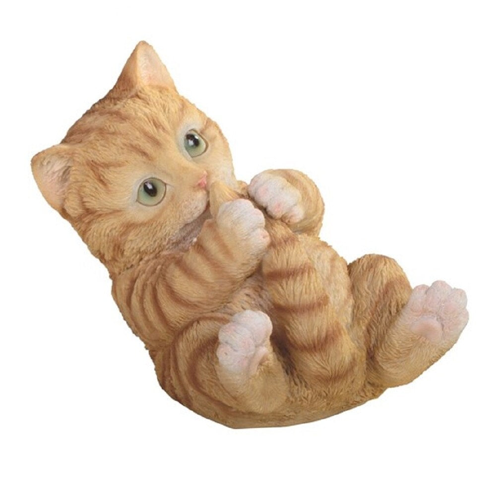 LBK FURNITURE Lifelike Orange Tabby Playing with Tail Statue 6.25"H Kitten Animal Collectible Decorative Figurine