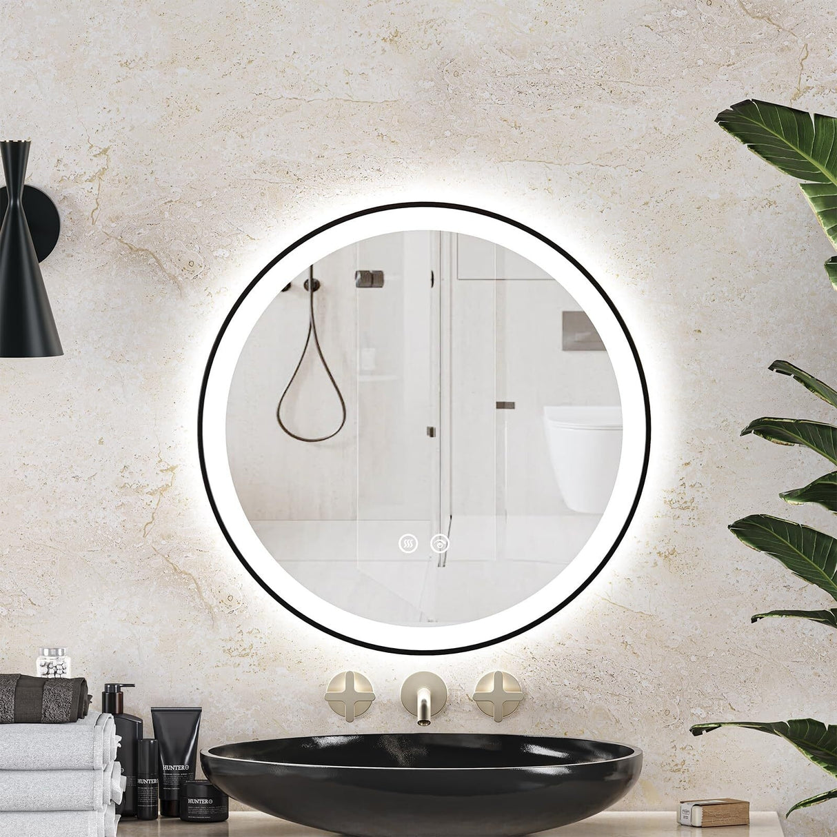 LED Bathroom Mirror 24x24 inch with Front and Backlight, Black Framed Gradient Front and Backlit LED Mirror for Bathroom