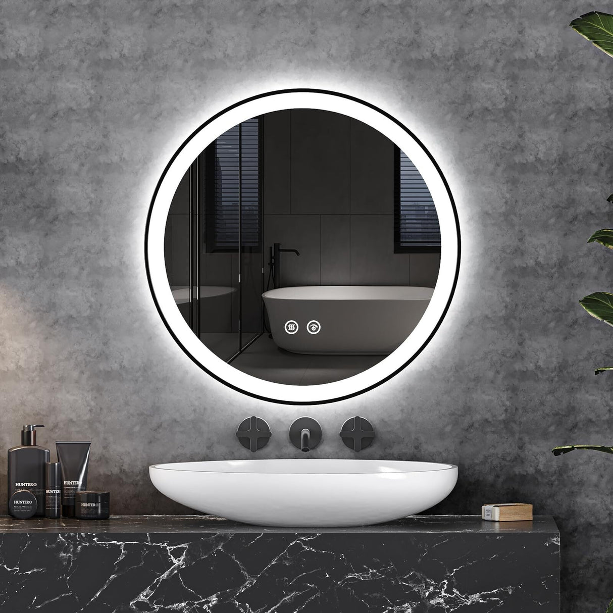 LED Bathroom Mirror 24x24 inch with Front and Backlight, Black Framed Gradient Front and Backlit LED Mirror for Bathroom
