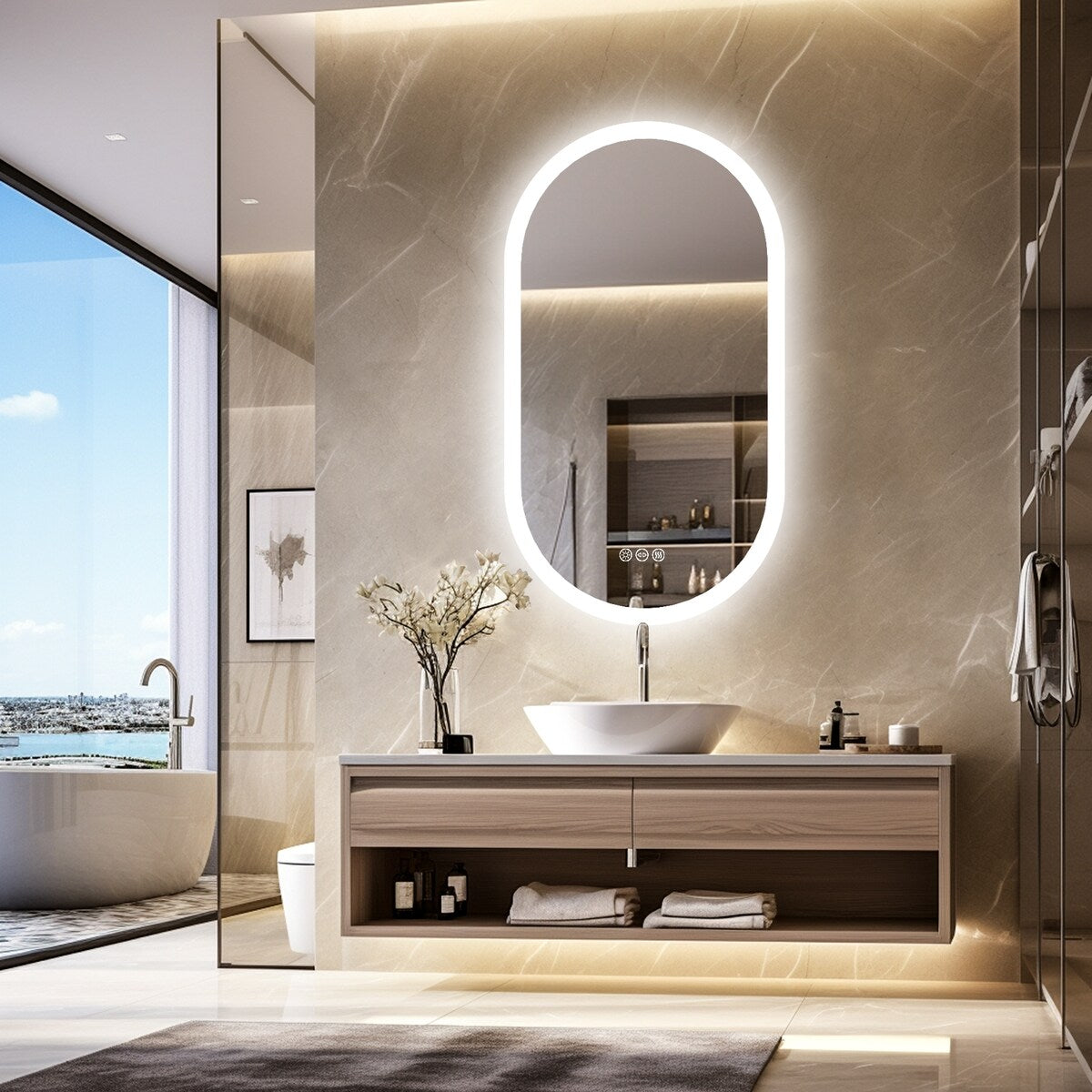 LED Bathroom Mirror with Lights Oval Vanity Backlit Frameless Anti-Fog