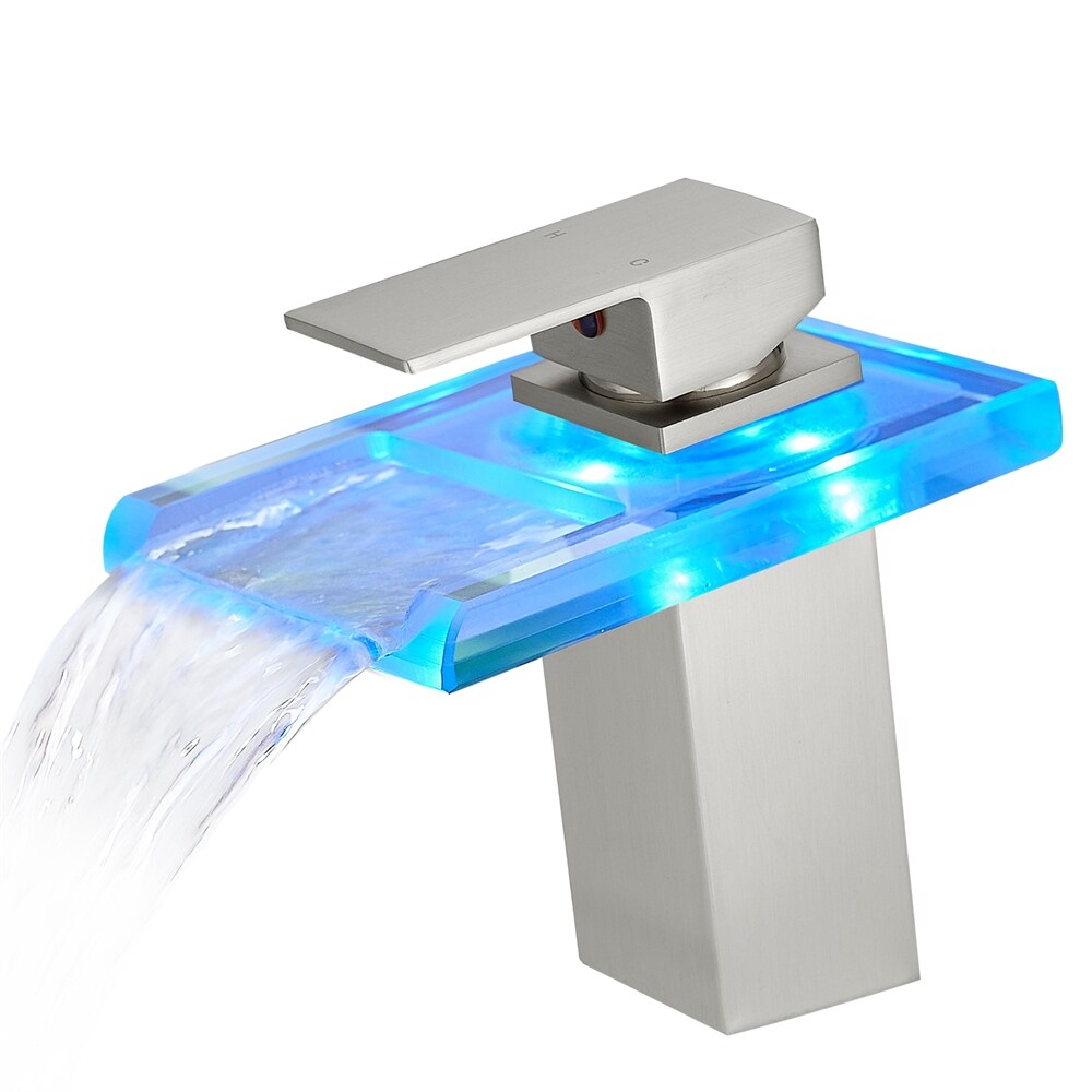 LED Bathroom Sink Faucet with Waterfall Spout and Hot Cold Water Mixer