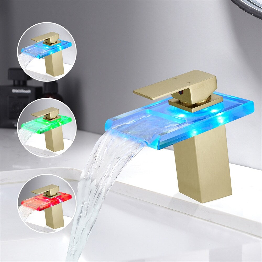 LED Bathroom Sink Faucet with Waterfall Spout and Hot Cold Water Mixer