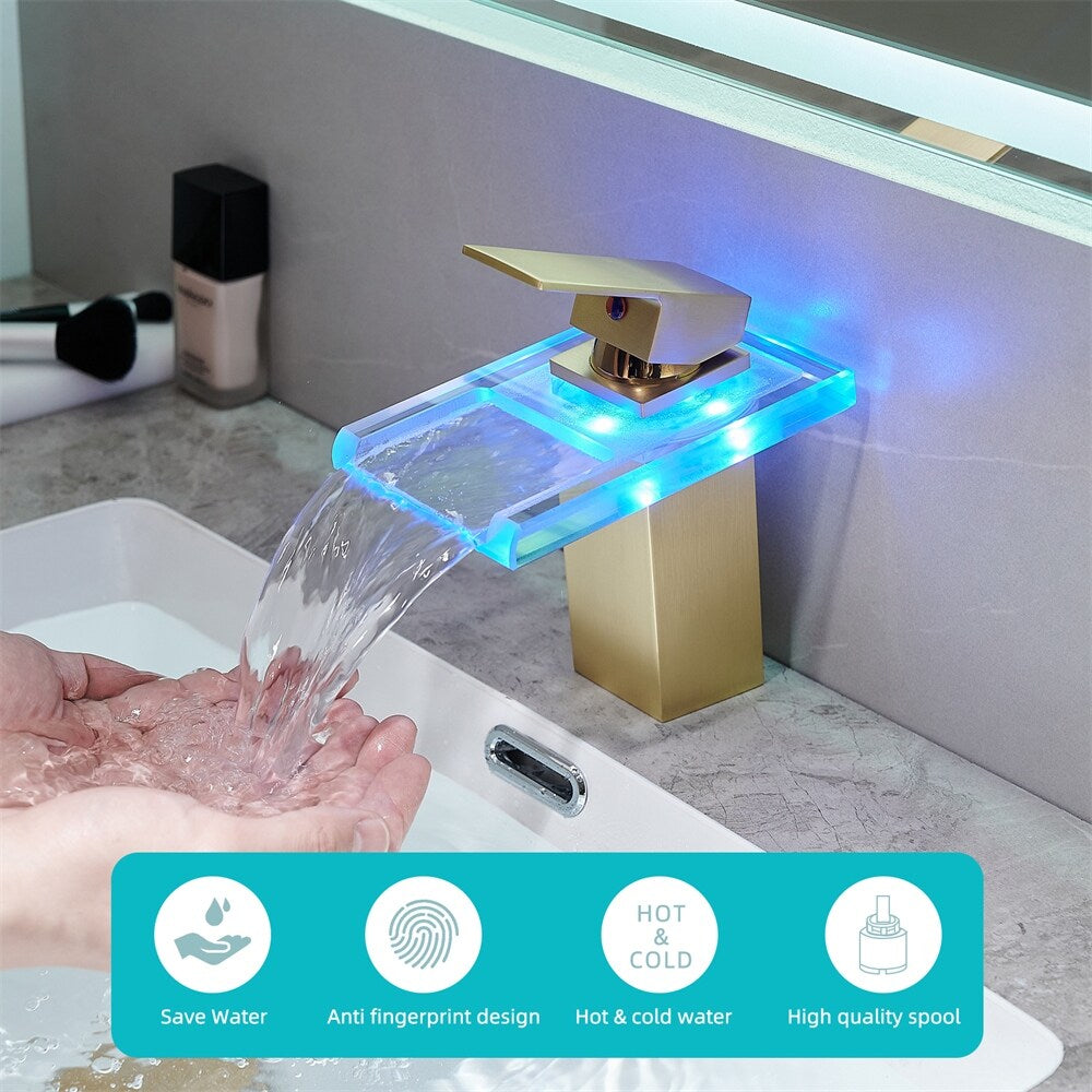 LED Bathroom Sink Faucet with Waterfall Spout and Hot Cold Water Mixer