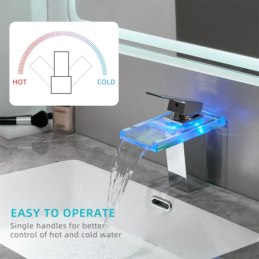 LED Bathroom Sink Faucet with Waterfall Spout and Hot Cold Water Mixer