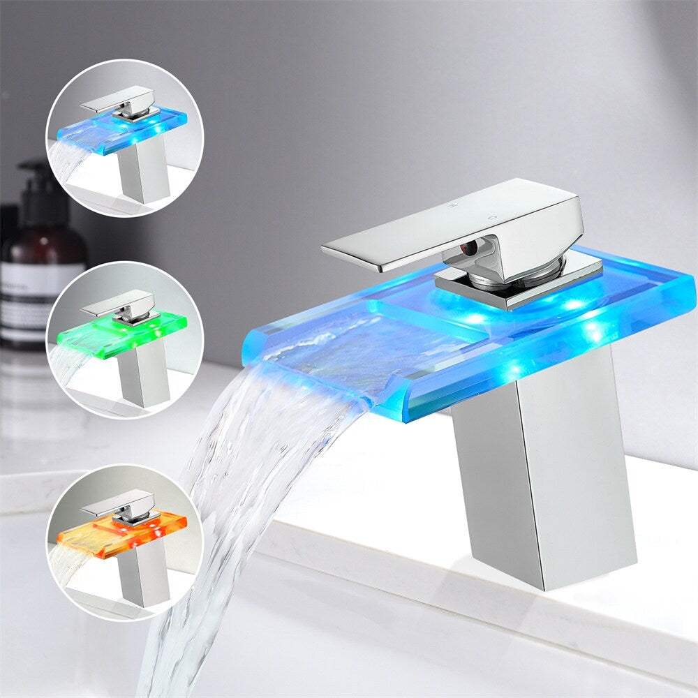 LED Bathroom Sink Faucet with Waterfall Spout and Hot Cold Water Mixer