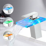 LED Bathroom Sink Faucet with Waterfall Spout and Hot Cold Water Mixer