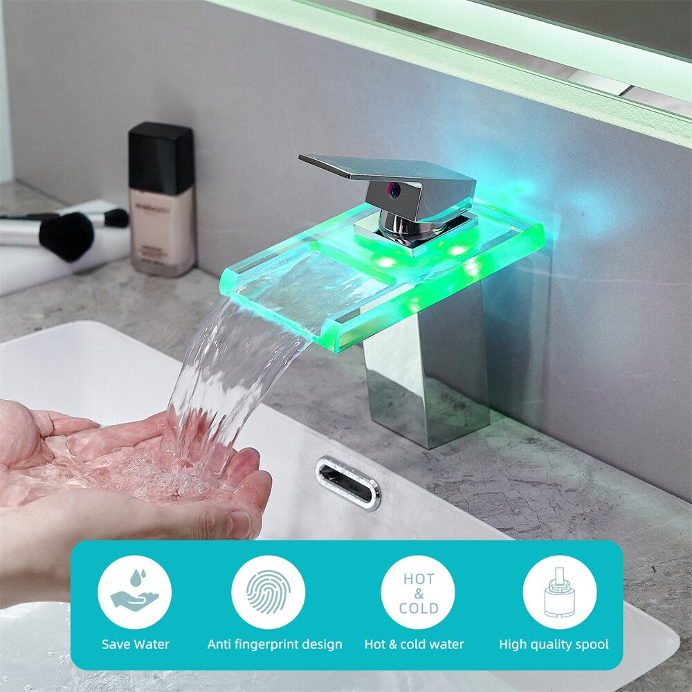 LED Bathroom Sink Faucet with Waterfall Spout and Hot Cold Water Mixer