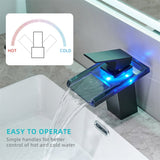 LED Bathroom Sink Faucet with Waterfall Spout and Hot Cold Water Mixer