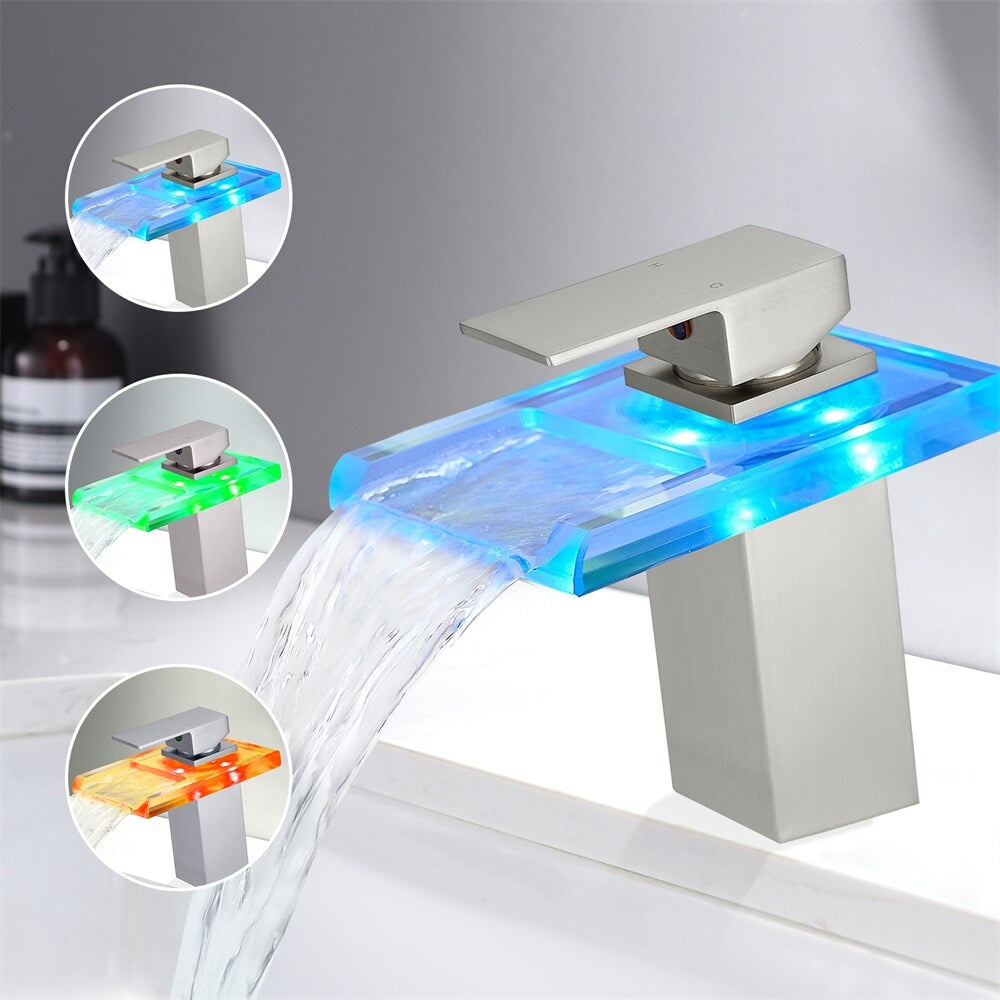 LED Bathroom Sink Faucet with Waterfall Spout and Hot Cold Water Mixer