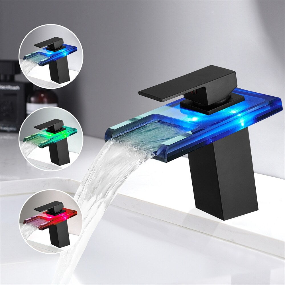 LED Bathroom Sink Faucet with Waterfall Spout and Hot Cold Water Mixer
