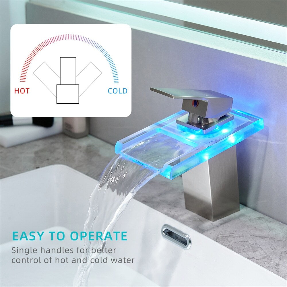 LED Bathroom Sink Faucet with Waterfall Spout and Hot Cold Water Mixer