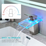 LED Bathroom Sink Faucet with Waterfall Spout and Hot Cold Water Mixer