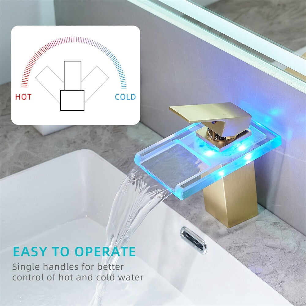 LED Bathroom Sink Faucet with Waterfall Spout and Hot Cold Water Mixer