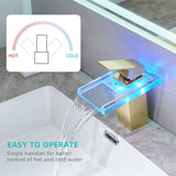 LED Bathroom Sink Faucet with Waterfall Spout and Hot Cold Water Mixer