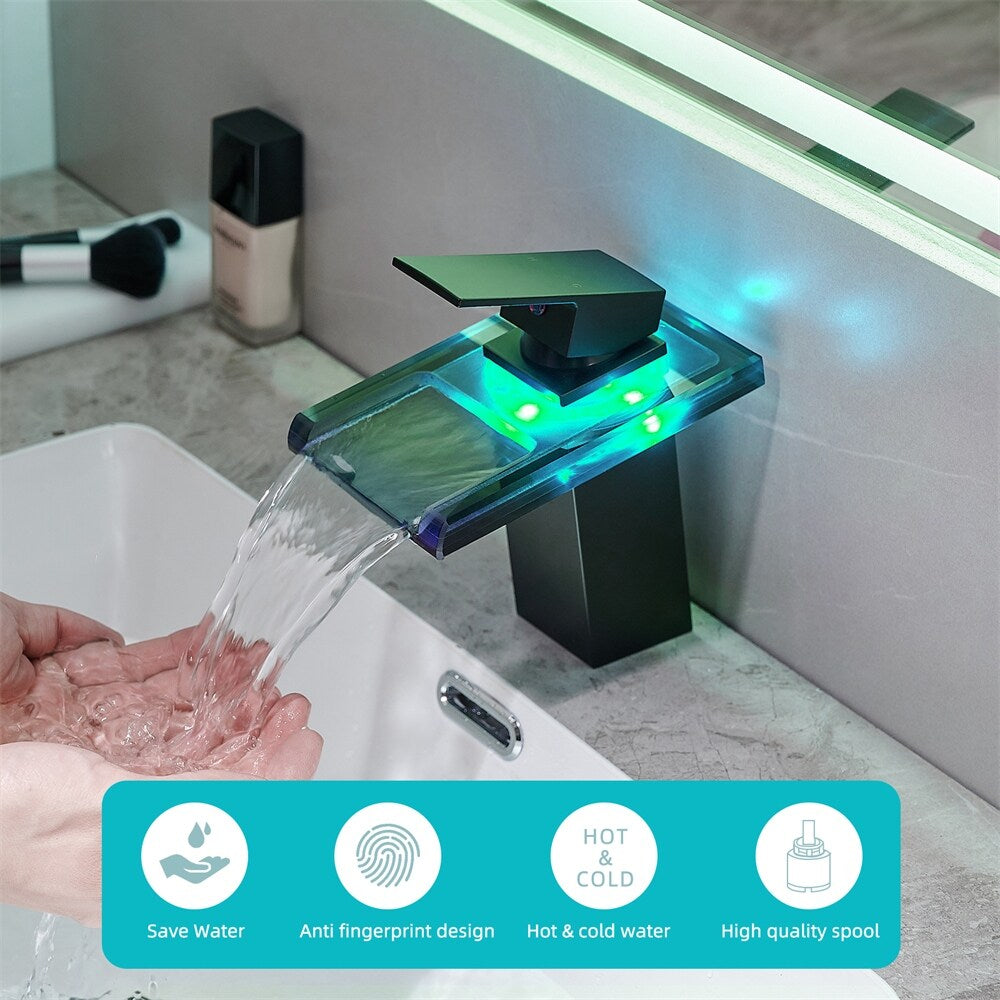 LED Bathroom Sink Faucet with Waterfall Spout and Hot Cold Water Mixer