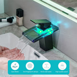 LED Bathroom Sink Faucet with Waterfall Spout and Hot Cold Water Mixer