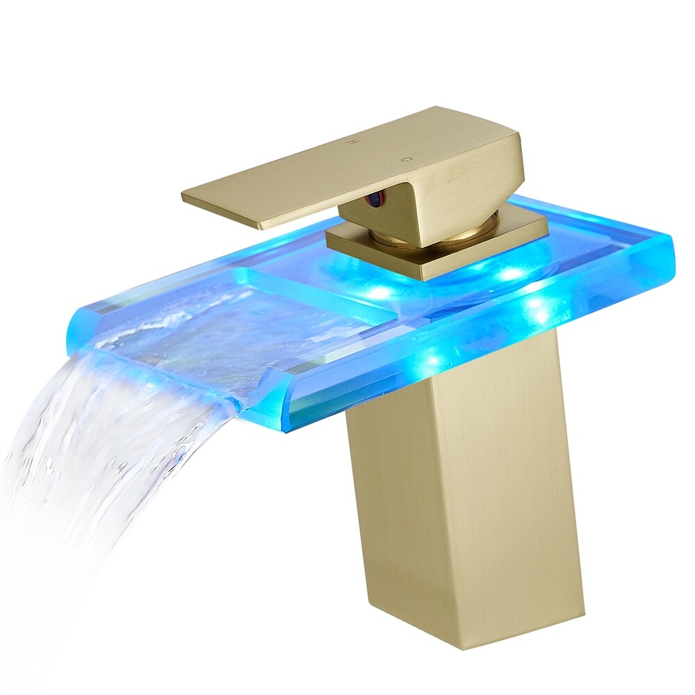 LED Bathroom Sink Faucet with Waterfall Spout and Hot Cold Water Mixer